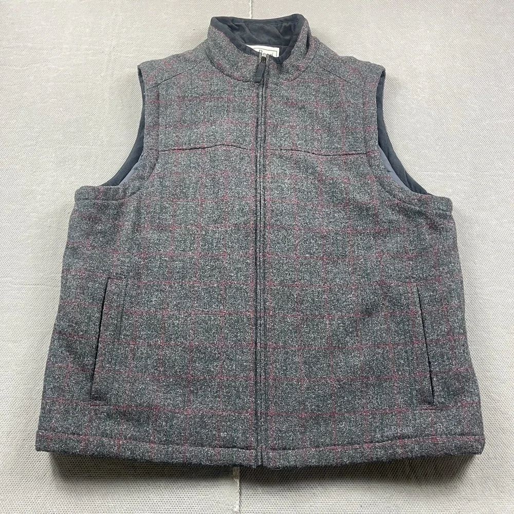 LL Bean Vest Mens XL Gray Plaid Wool‎ Blend Full Zip Quilt Insulated